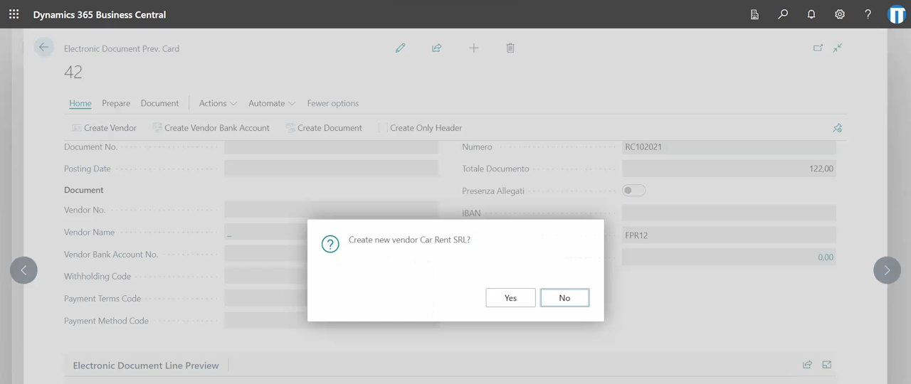 Electronic document preview card in Business Central offering to create the vendor from the received invoice