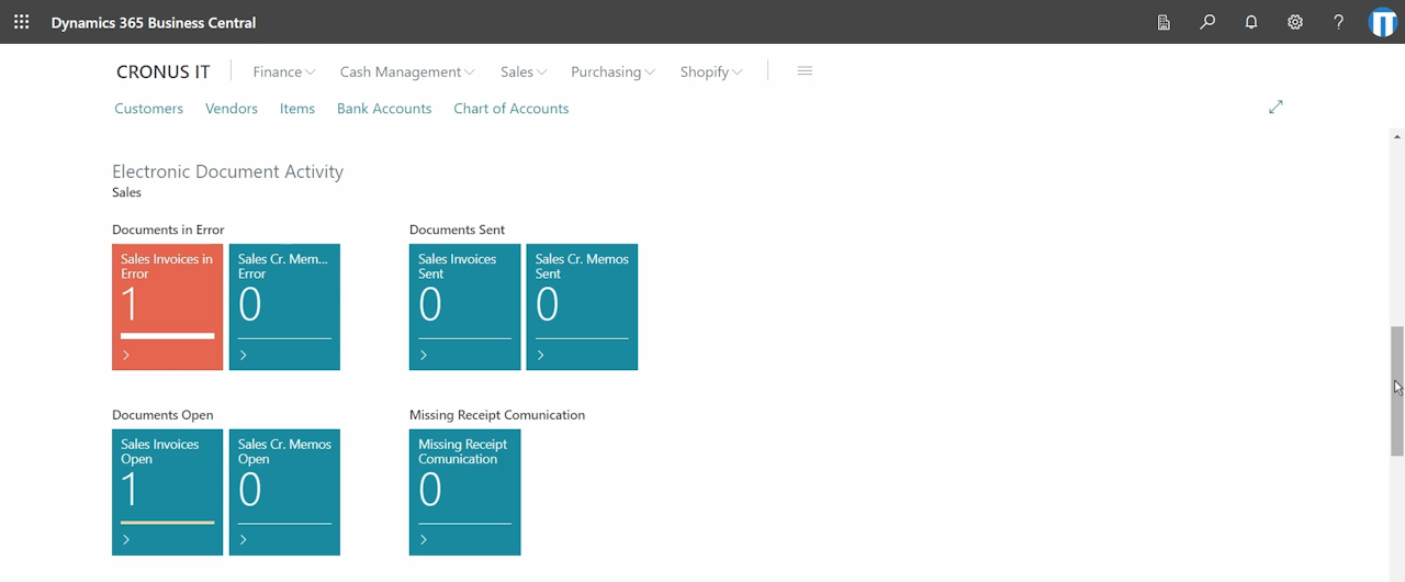 Business Central role center with electronic document activity tiles: documents in error, documents sent, documents open, missing receipt communication