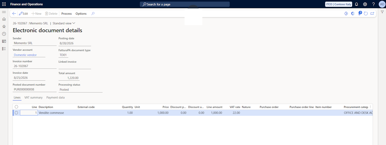 Electronic document details in Dynamics 365 Finance with the received invoice lines, VAT summary and the posted purchase document number