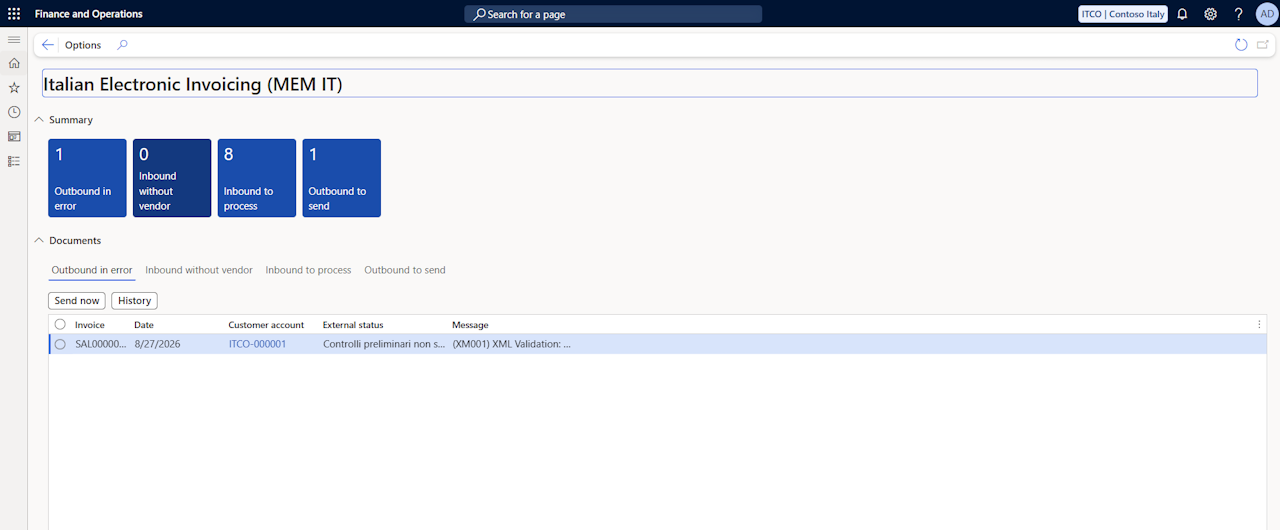 Dynamics 365 Finance Italian Electronic Invoicing workspace with counters for outbound in error, inbound without vendor, inbound to process and outbound to send