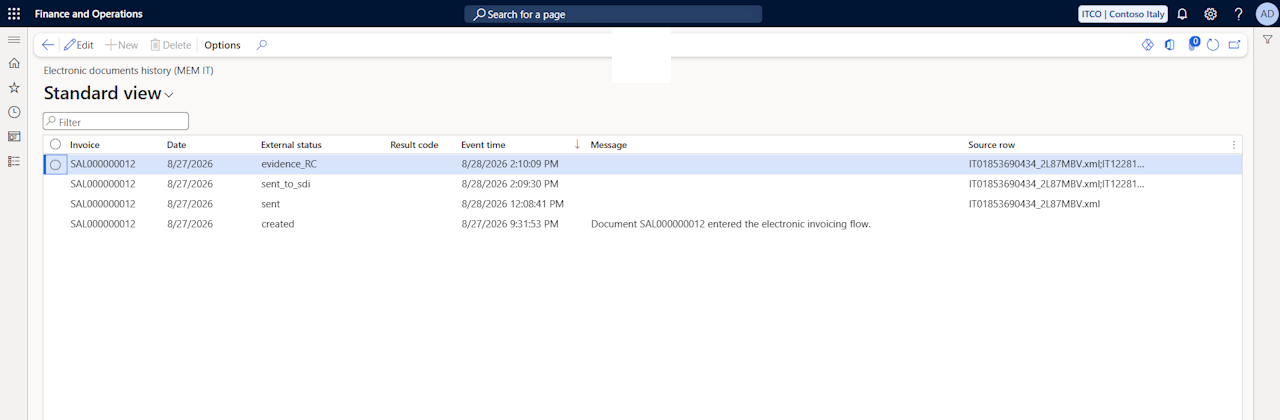 Electronic documents history in Dynamics 365 Finance listing the created, sent, sent to SDI and delivery receipt events of an invoice