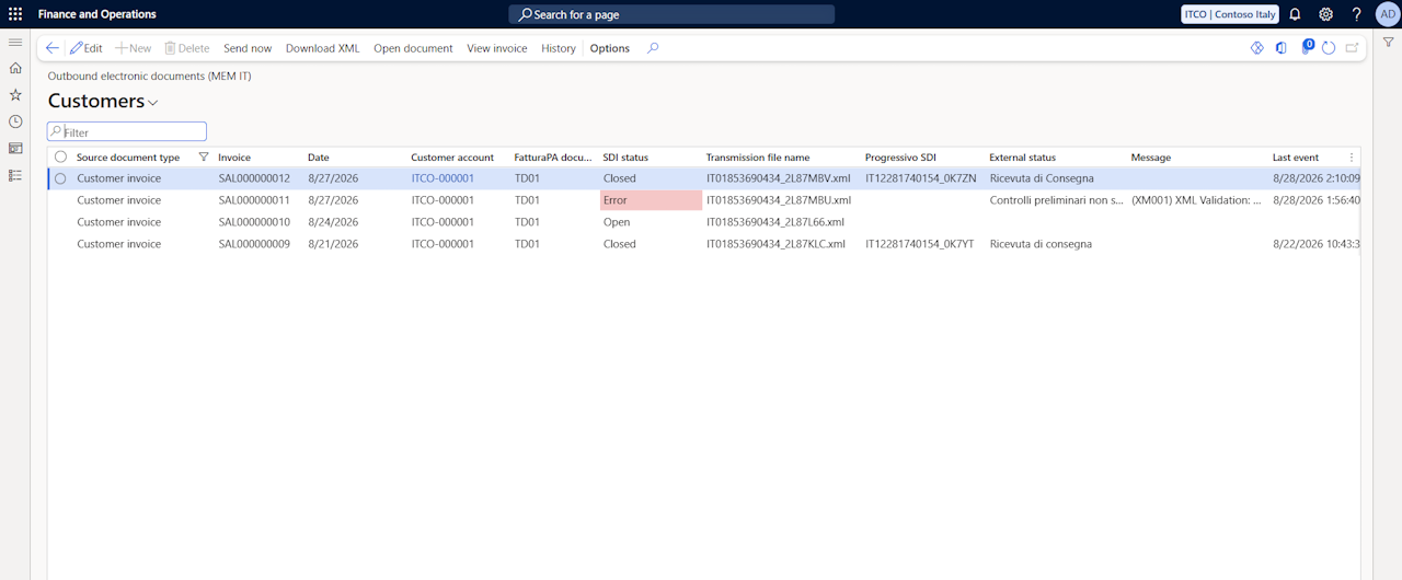 Dynamics 365 Finance outbound electronic documents list with FatturaPA document type, SDI status, transmission file name and last SDI notification