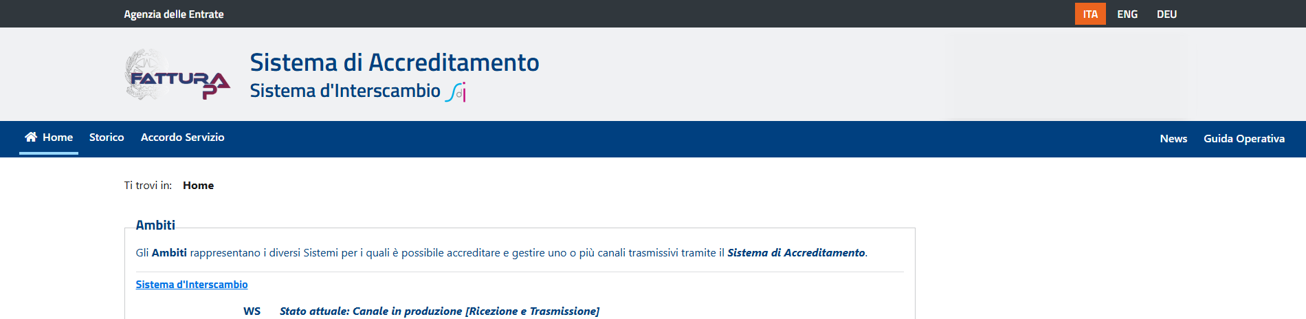 Sistema di Accreditamento portal of the Agenzia delle Entrate showing the Sistema di Interscambio web service channel in production for reception and transmission