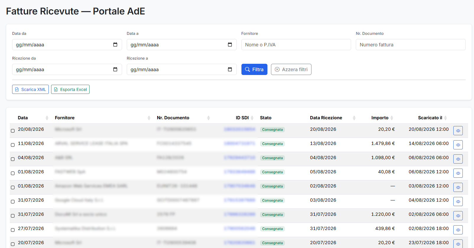 List of received invoices retrieved from the Fatture e Corrispettivi portal of the Agenzia delle Entrate, with SDI identifier, status, amount and download date
